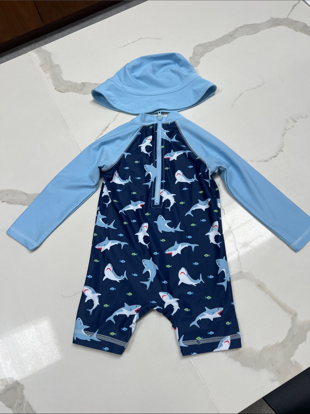 Little Me Navy Shark-Print Long Sleeve Rashguard with Light Blue Sleeves and Hat